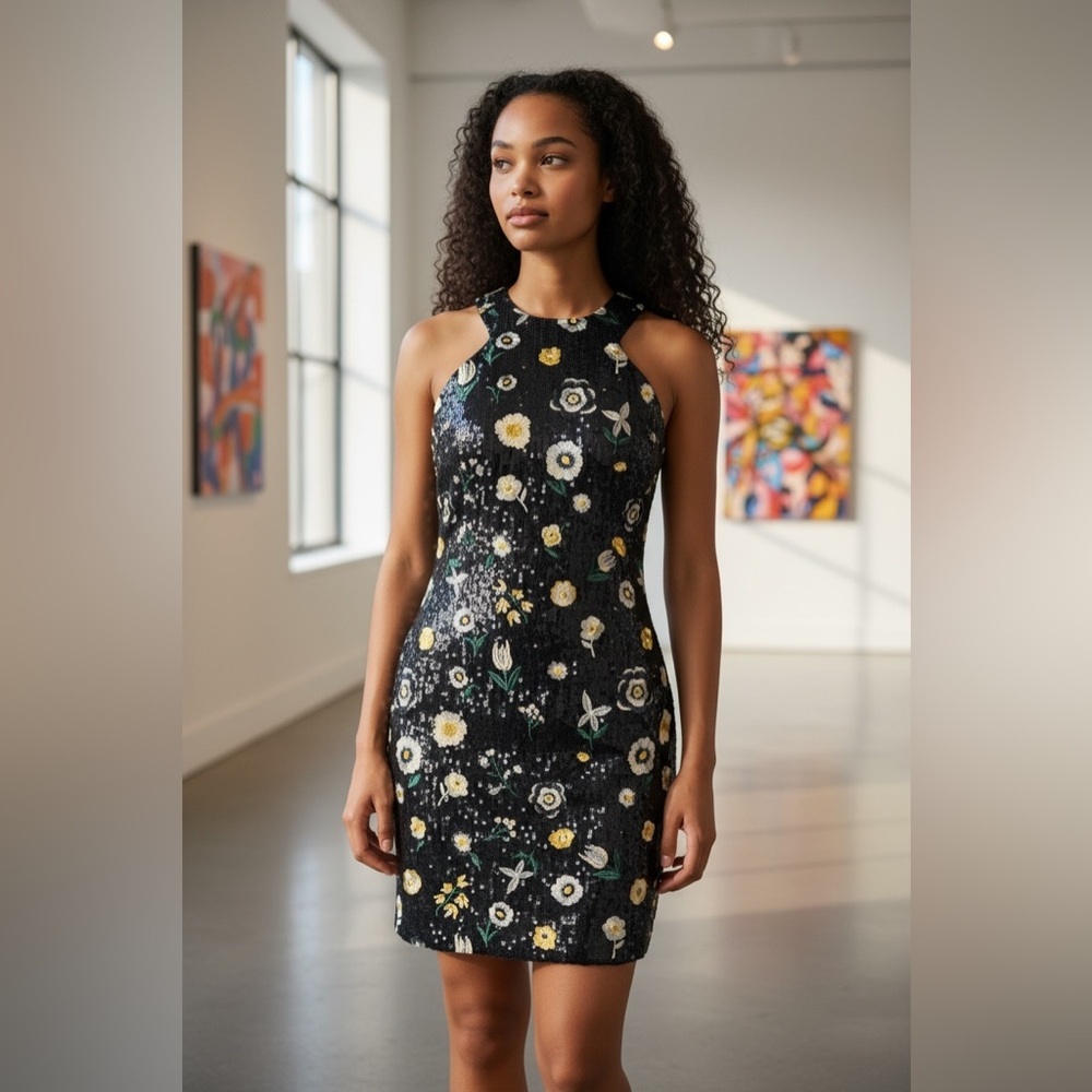 Just Me 💋💕Dark Blue Sequence Floral Midi Dress
